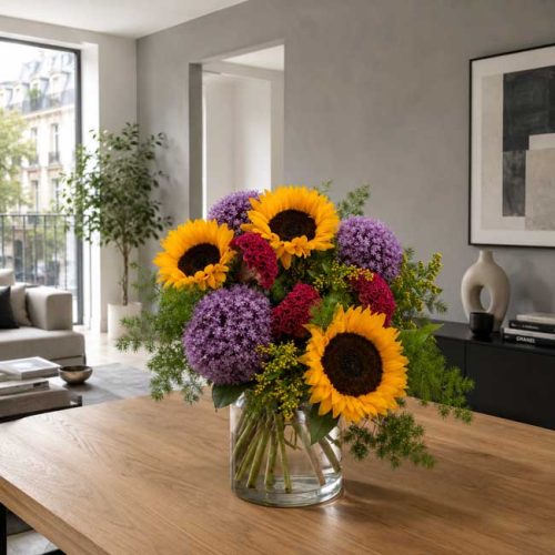Ramo con girasoles, flores de alliums y celosias.