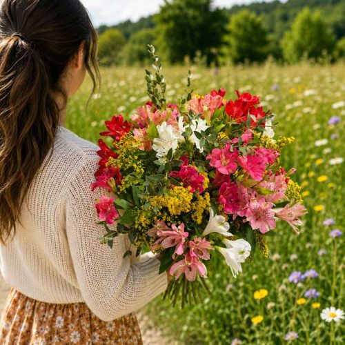 Ramo de alstroemerias rosas, blancas y rojas