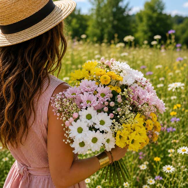 Un ramo de margaritas blancas, rosas y amarillas