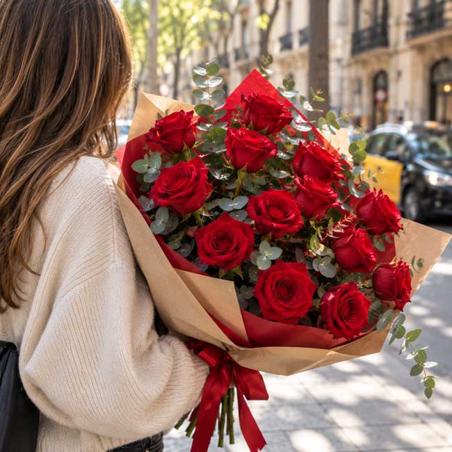 Un ramo con 12 rosas rojas en Barcelona